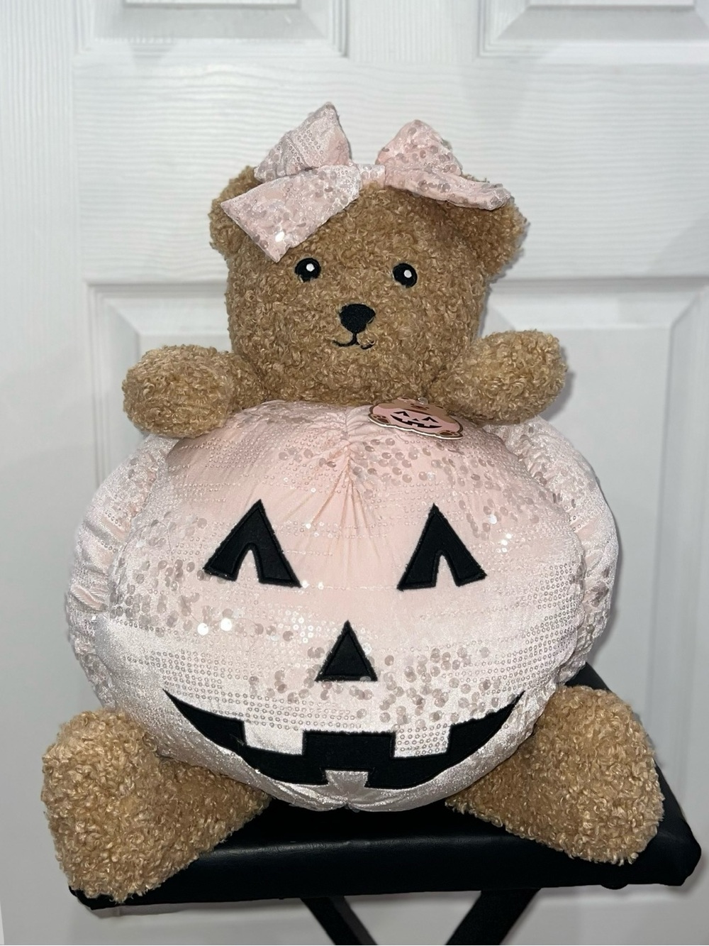 Halloween Pink Sequin Teddy Bear Girl Pumpkin XL 24"x16" Home Decor NEW